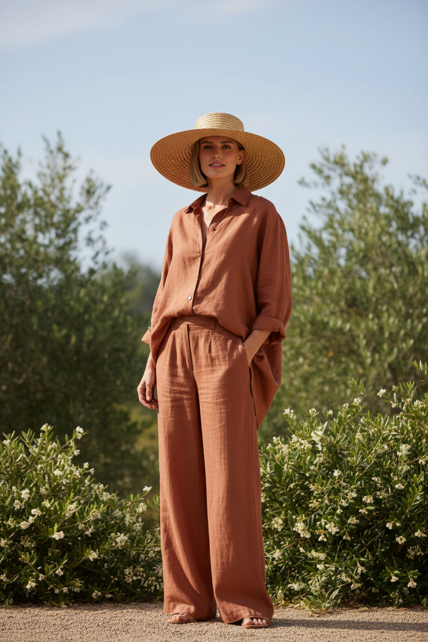 Woman in linen outfit outdoors
